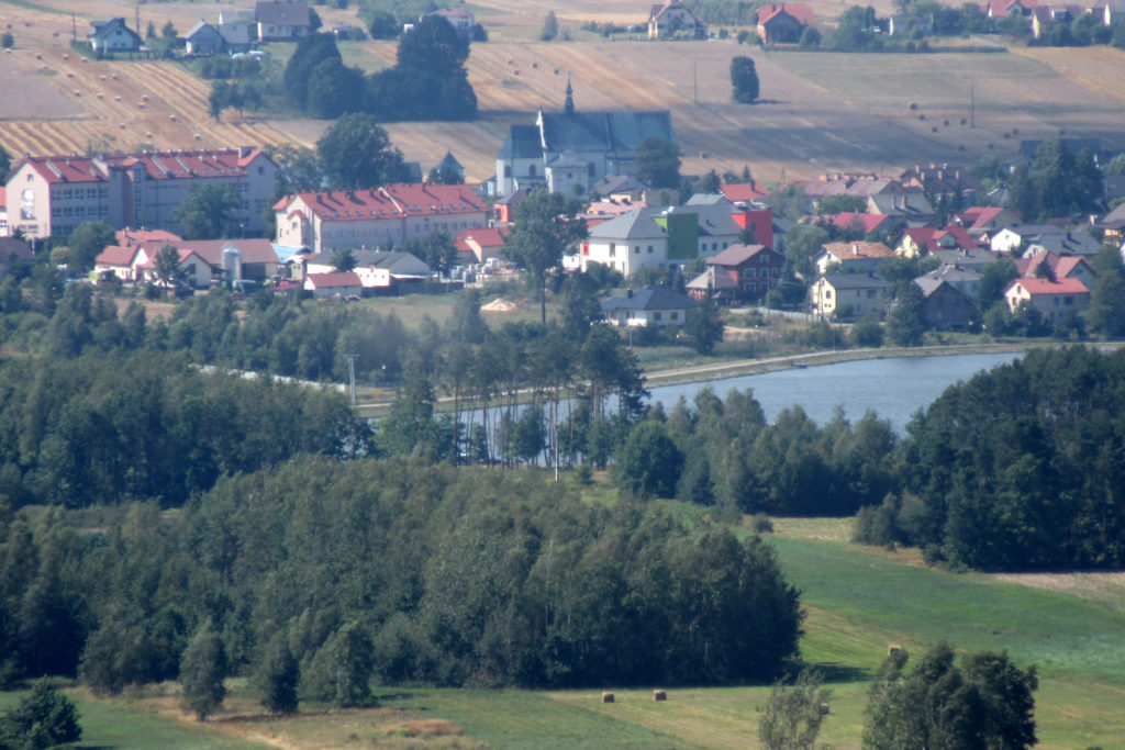 Krajobraz, staw, kościół, miasto